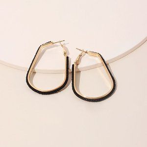 Black Cute Woven Based U-Shaped Rice Beads Pierced Oblong Earrings S0196